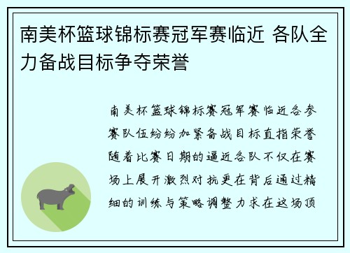 南美杯篮球锦标赛冠军赛临近 各队全力备战目标争夺荣誉