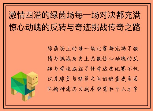 激情四溢的绿茵场每一场对决都充满惊心动魄的反转与奇迹挑战传奇之路