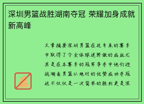 深圳男篮战胜湖南夺冠 荣耀加身成就新高峰