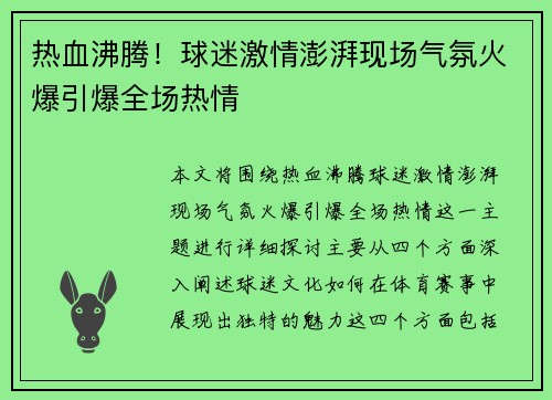 热血沸腾！球迷激情澎湃现场气氛火爆引爆全场热情