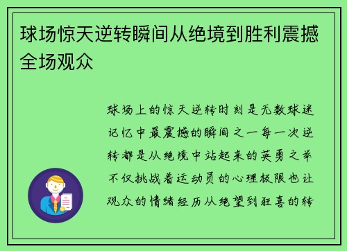 球场惊天逆转瞬间从绝境到胜利震撼全场观众
