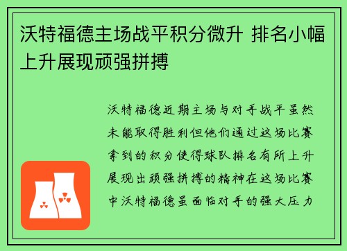 沃特福德主场战平积分微升 排名小幅上升展现顽强拼搏