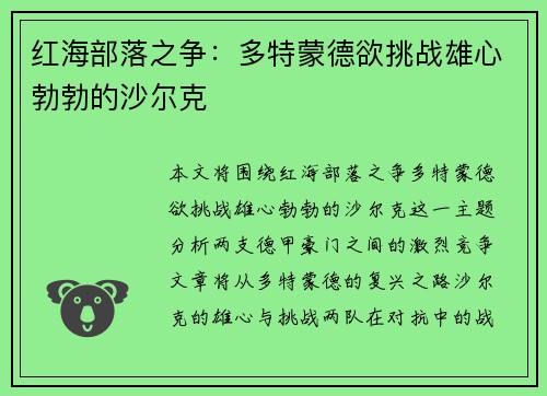 红海部落之争：多特蒙德欲挑战雄心勃勃的沙尔克